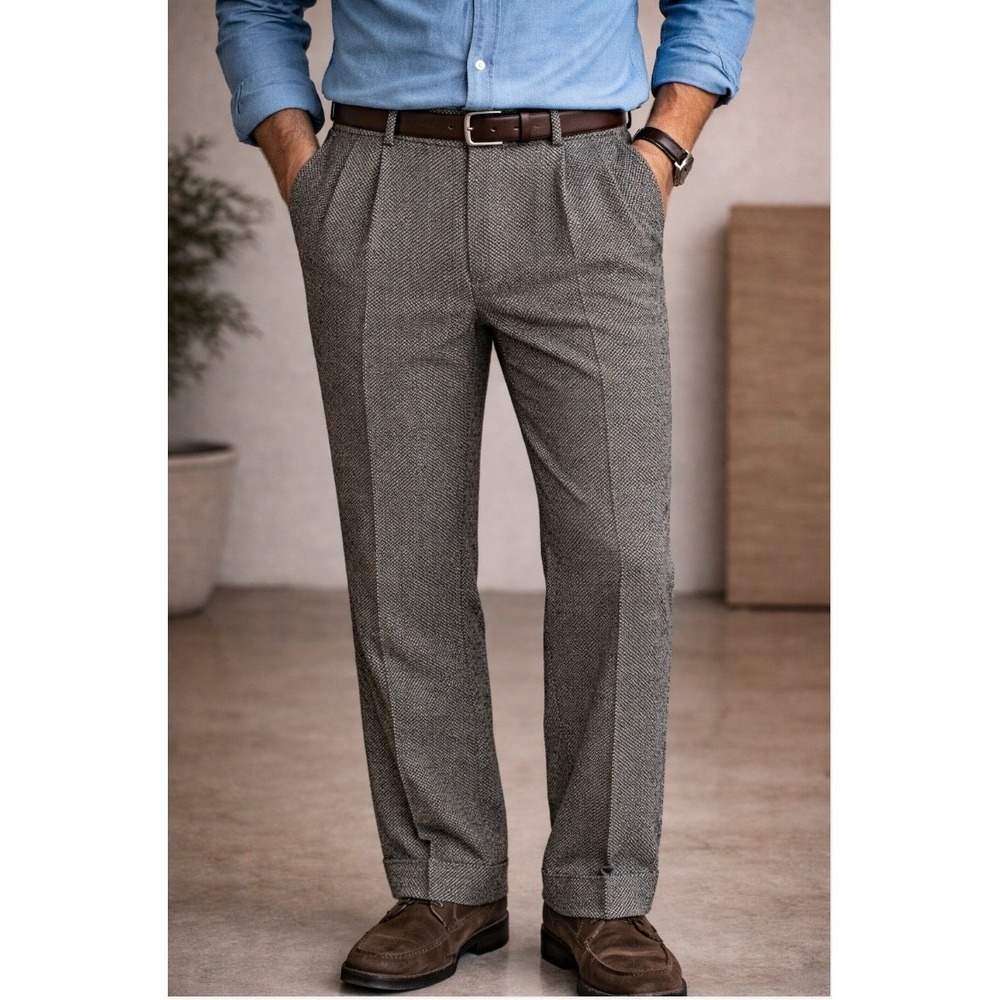 Mens Silk 34x30 Wool‎ Tweed Pleated Cuffed Trousers Gray Great Scott Vintage 90s